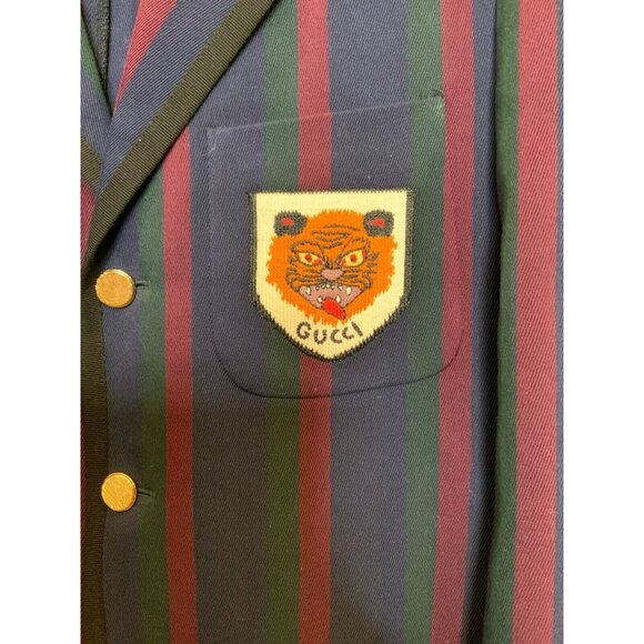Gucci Mens Blue Green Burgundy Striped Tiger Patch Blazer Jacket $2900, Size 48 - Picture 3 of 8